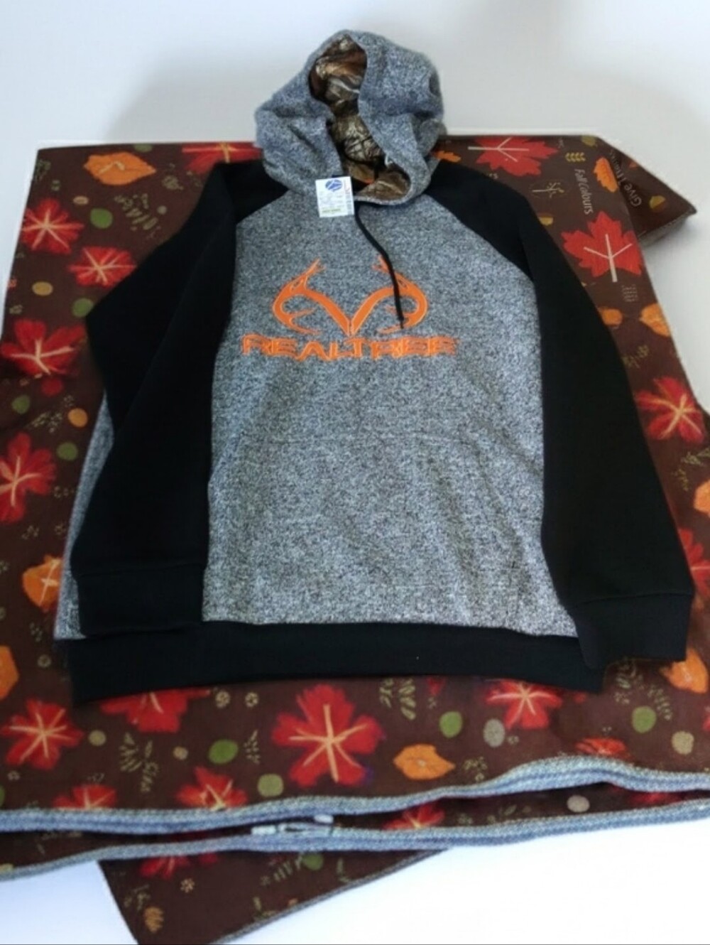 Realtree Heather Gray and Black Hoodie with Vibrant Orange Logo